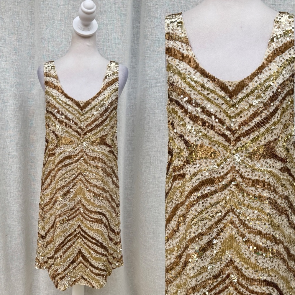 Caché white gold brown sequin shift mini dress